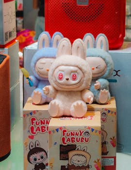 Vibrant plush toys displayed on boxes in a store setting, featuring unique character designs.